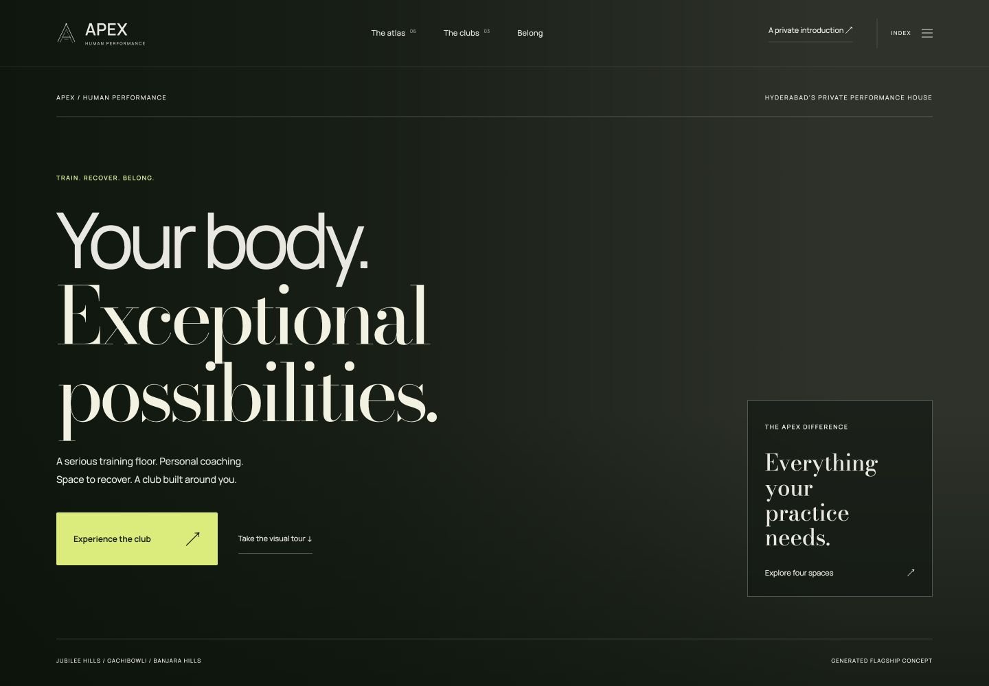 APEX luxury fitness website with dark editorial typography