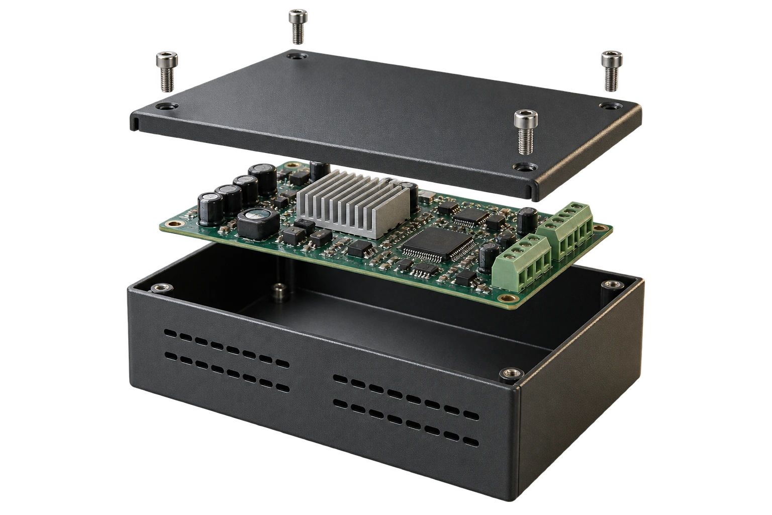 Exploded graphite enclosure with a populated circuit board, formed lid, and four precision fasteners